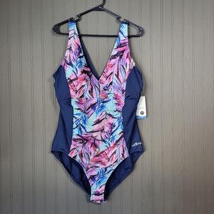 NWT Dolphin AquaShape One-Piece Swimsuit Tummy Control Floral Blue Women's 22